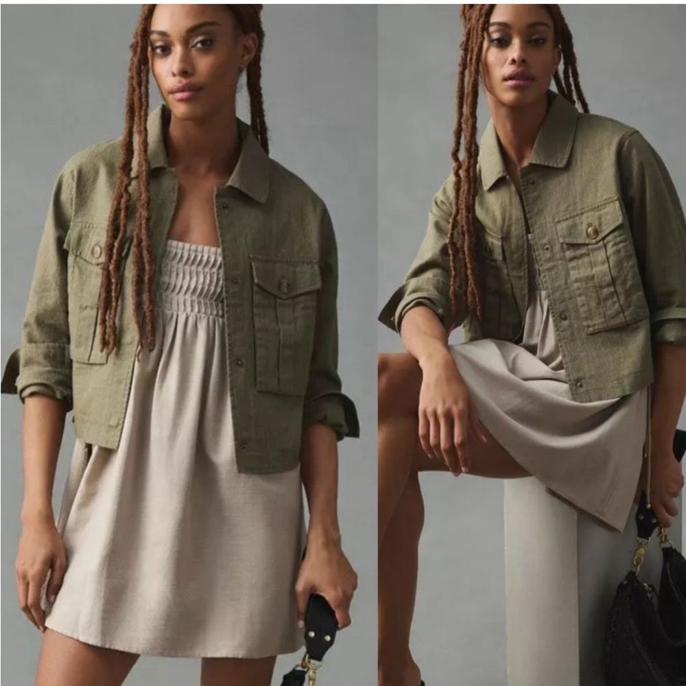 Anthropologie Dolan linen blend Army green boxy cropped utility jacket XS
